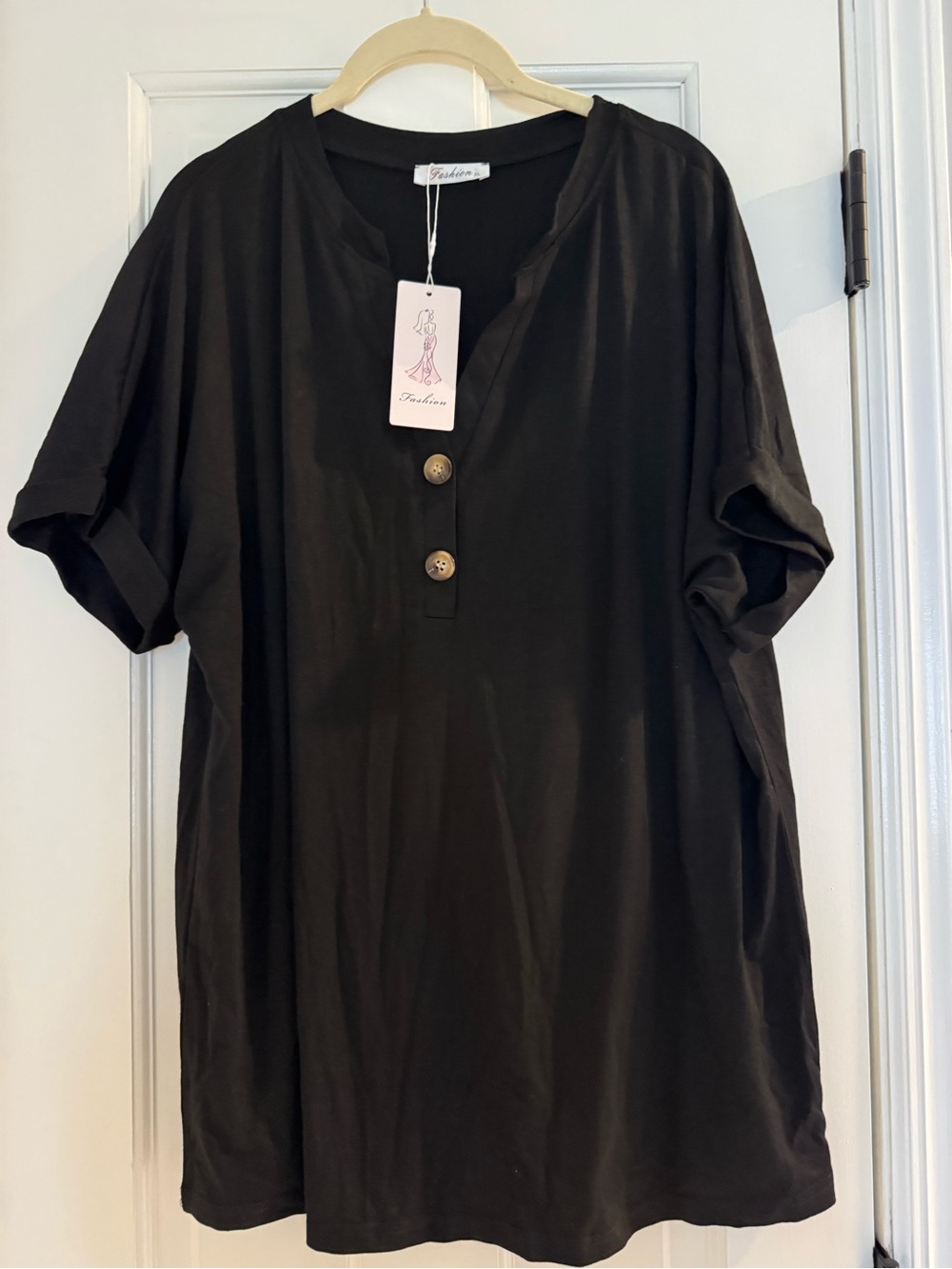 Women’s Black Short Sleeve Henley Tee with Button Placket